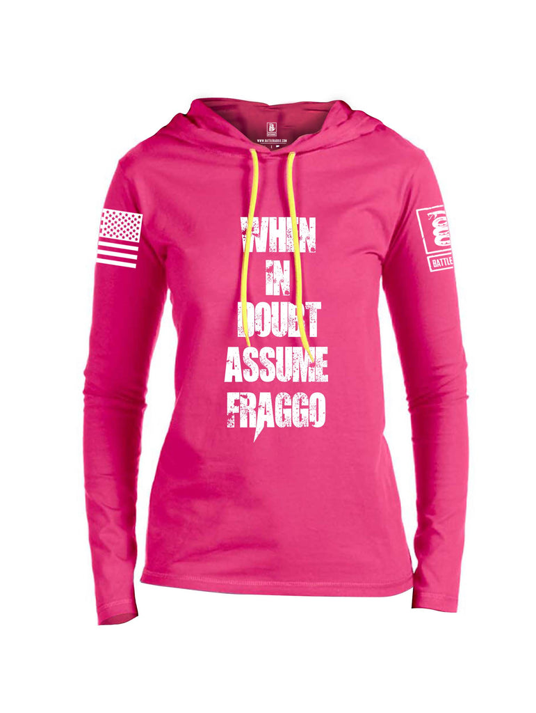 Battleraddle When In Doubt Assume Fraggo White Sleeve Print Womens Thin Cotton Lightweight Hoodie