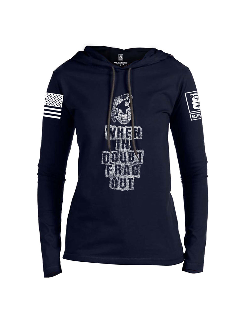 Battleraddle When In Doubt Frag Out White Sleeve Print Womens Thin Cotton Lightweight Hoodie
