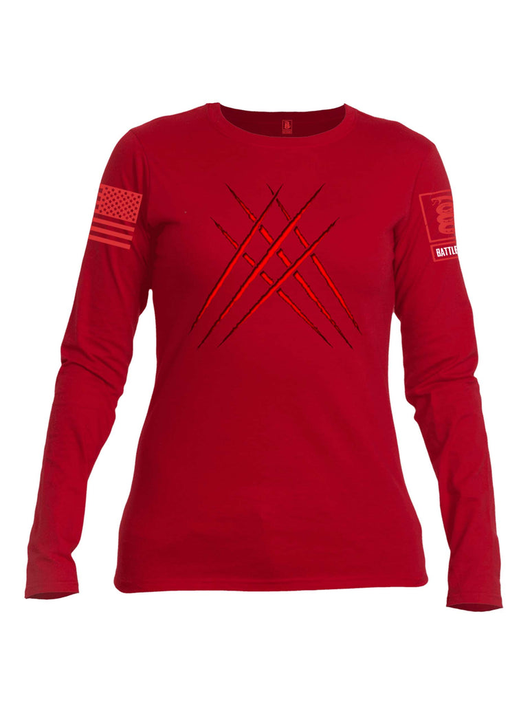 Battleraddle Wolve Adamantium Claws Red Sleeve Print Womens Cotton Long Sleeve Crew Neck T Shirt