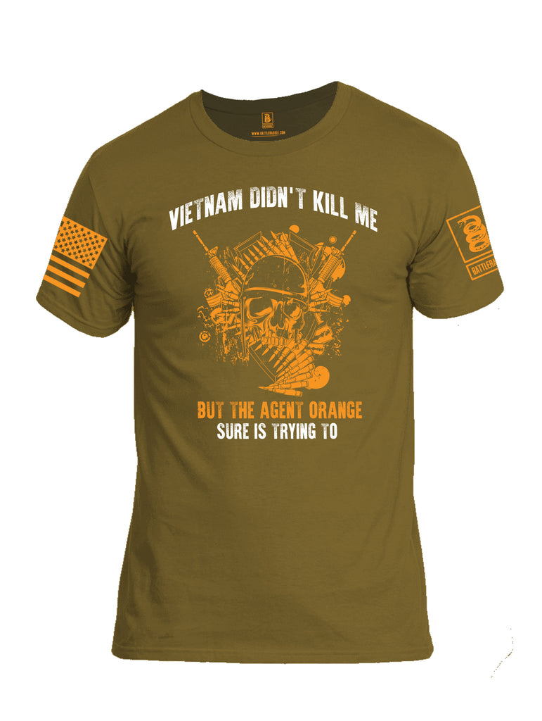 Battleraddle Vietnam Didn't Kill Me But The Agent Orange Sure Is Trying To Sponsored By CB Home Improvements Orange Sleeve Print Mens Cotton Crew Neck T Shirt