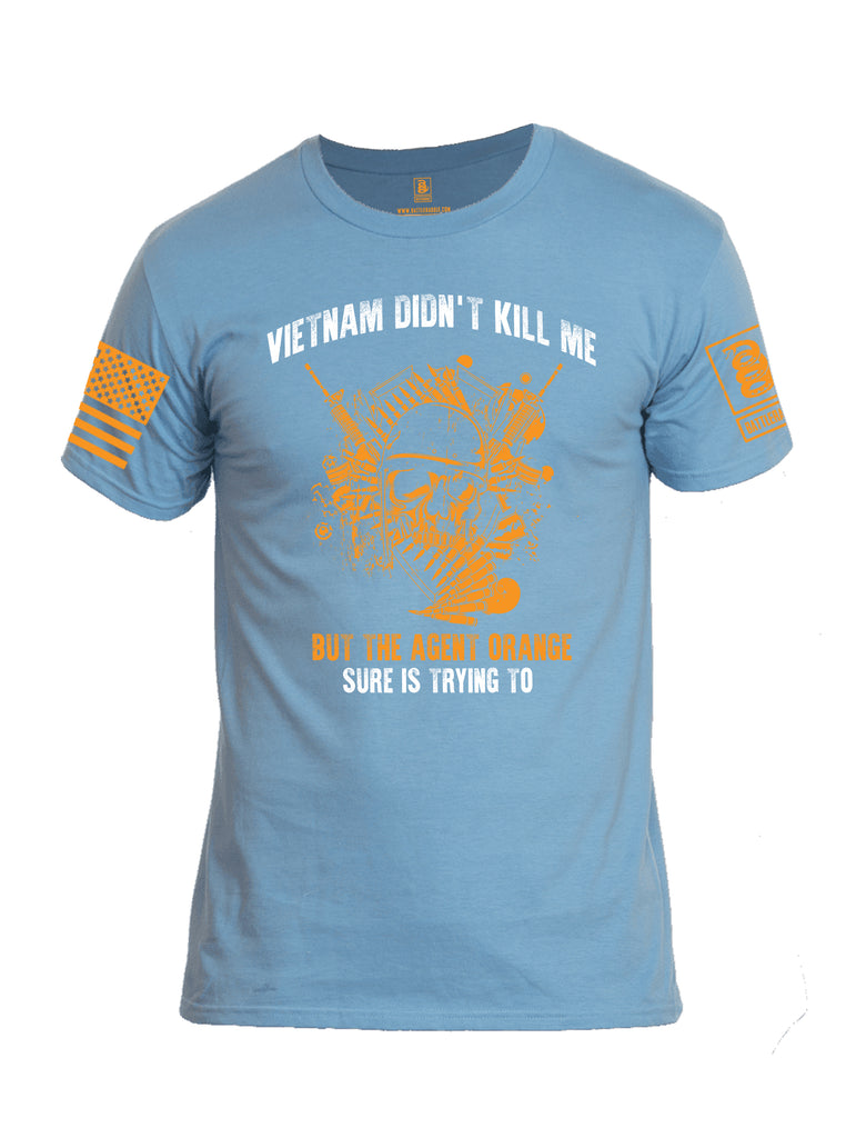 Battleraddle Vietnam Didn't Kill Me But The Agent Orange Sure Is Trying To Sponsored By CB Home Improvements Orange Sleeve Print Mens Cotton Crew Neck T Shirt
