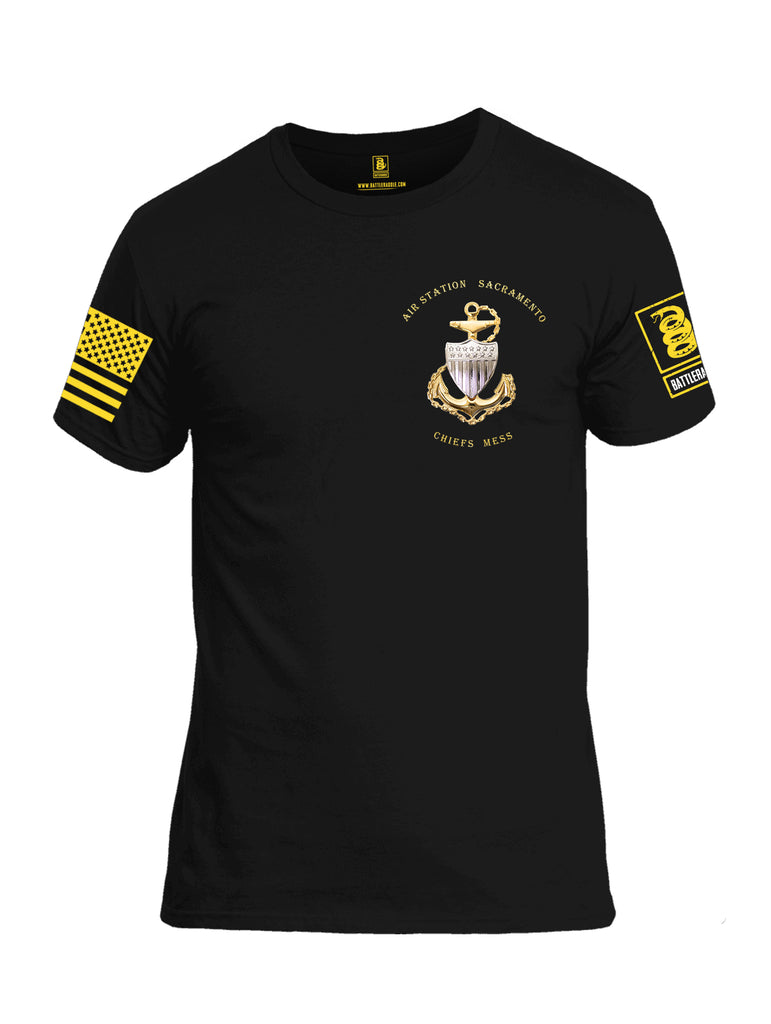 Battleraddle Air Station Sacramento Chiefs Mess United States Coast Guard Yellow Sleeve Print Mens Cotton Crew Neck T Shirt