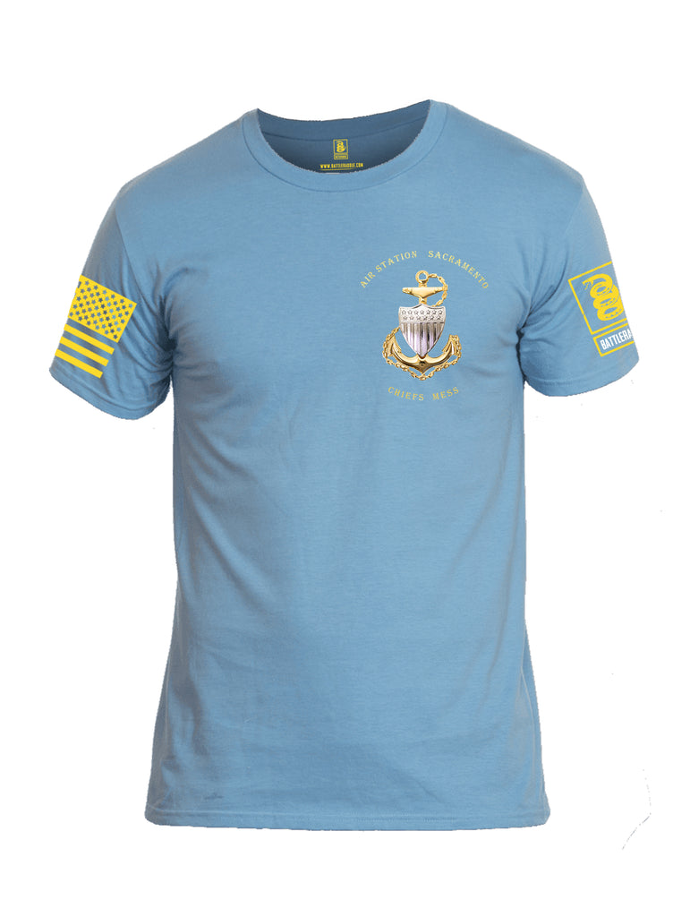 Battleraddle Air Station Sacramento Chiefs Mess United States Coast Guard Yellow Sleeve Print Mens Cotton Crew Neck T Shirt