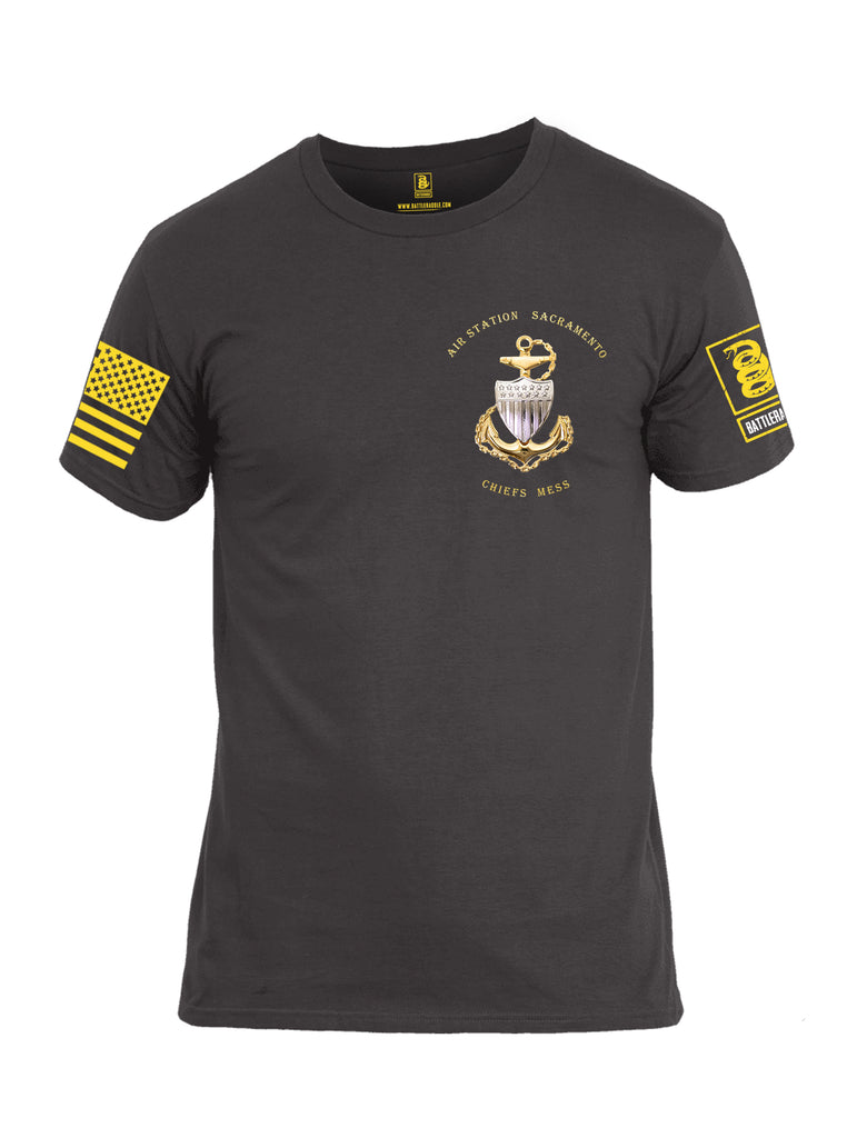 Battleraddle Air Station Sacramento Chiefs Mess United States Coast Guard Yellow Sleeve Print Mens Cotton Crew Neck T Shirt