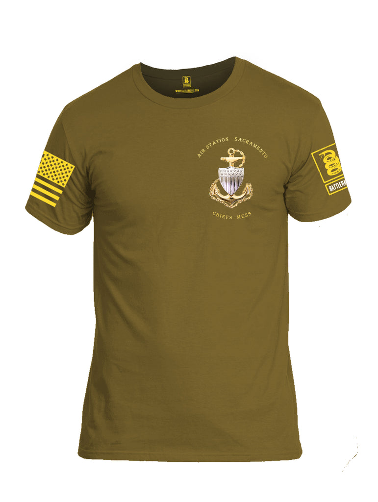 Battleraddle Air Station Sacramento Chiefs Mess United States Coast Guard Yellow Sleeve Print Mens Cotton Crew Neck T Shirt