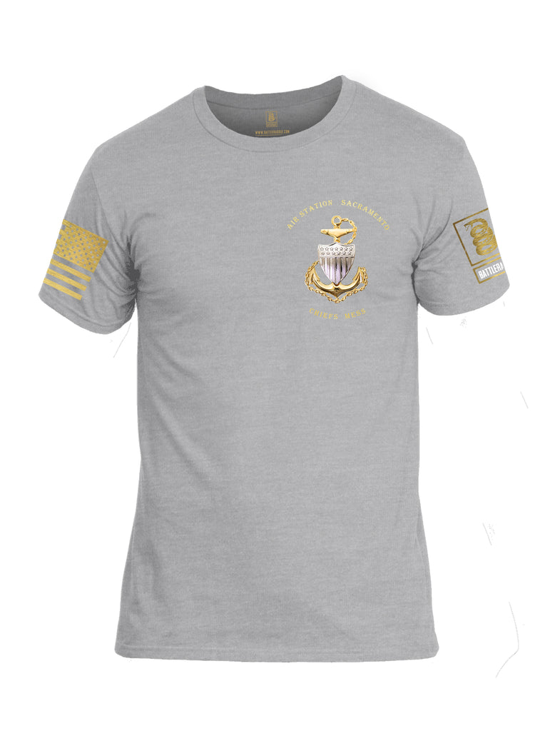 Battleraddle Air Station Sacramento Chiefs Mess United States Coast Guard Brass Sleeve Print Mens Cotton Crew Neck T Shirt