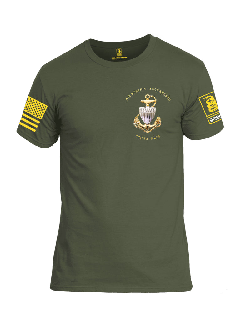 Battleraddle Air Station Sacramento Chiefs Mess United States Coast Guard Yellow Sleeve Print Mens Cotton Crew Neck T Shirt