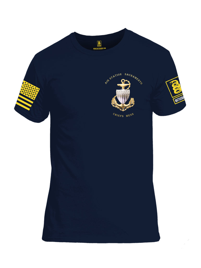 Battleraddle Air Station Sacramento Chiefs Mess United States Coast Guard Yellow Sleeve Print Mens Cotton Crew Neck T Shirt