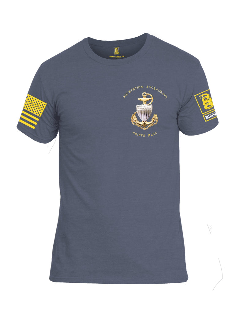 Battleraddle Air Station Sacramento Chiefs Mess United States Coast Guard Yellow Sleeve Print Mens Cotton Crew Neck T Shirt