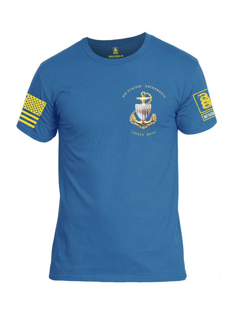 Battleraddle Air Station Sacramento Chiefs Mess United States Coast Guard Yellow Sleeve Print Mens Cotton Crew Neck T Shirt