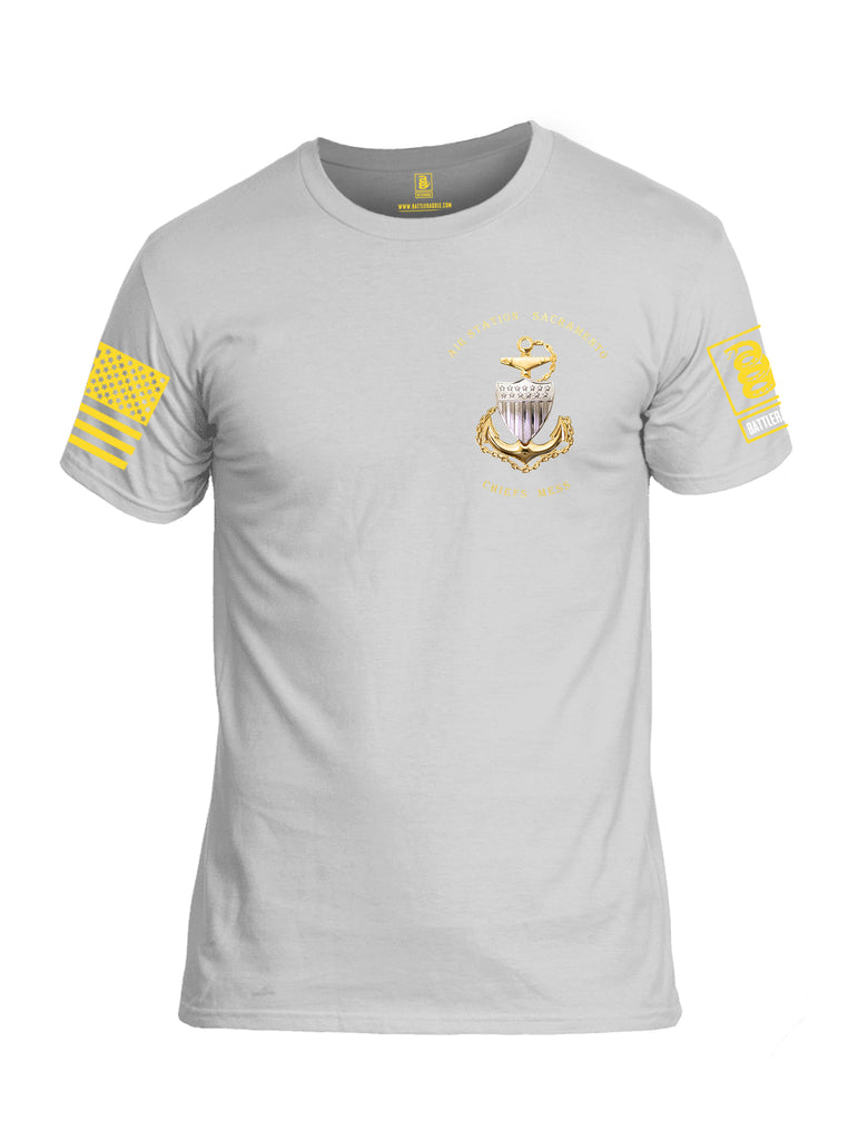 Battleraddle Air Station Sacramento Chiefs Mess United States Coast Guard Yellow Sleeve Print Mens Cotton Crew Neck T Shirt