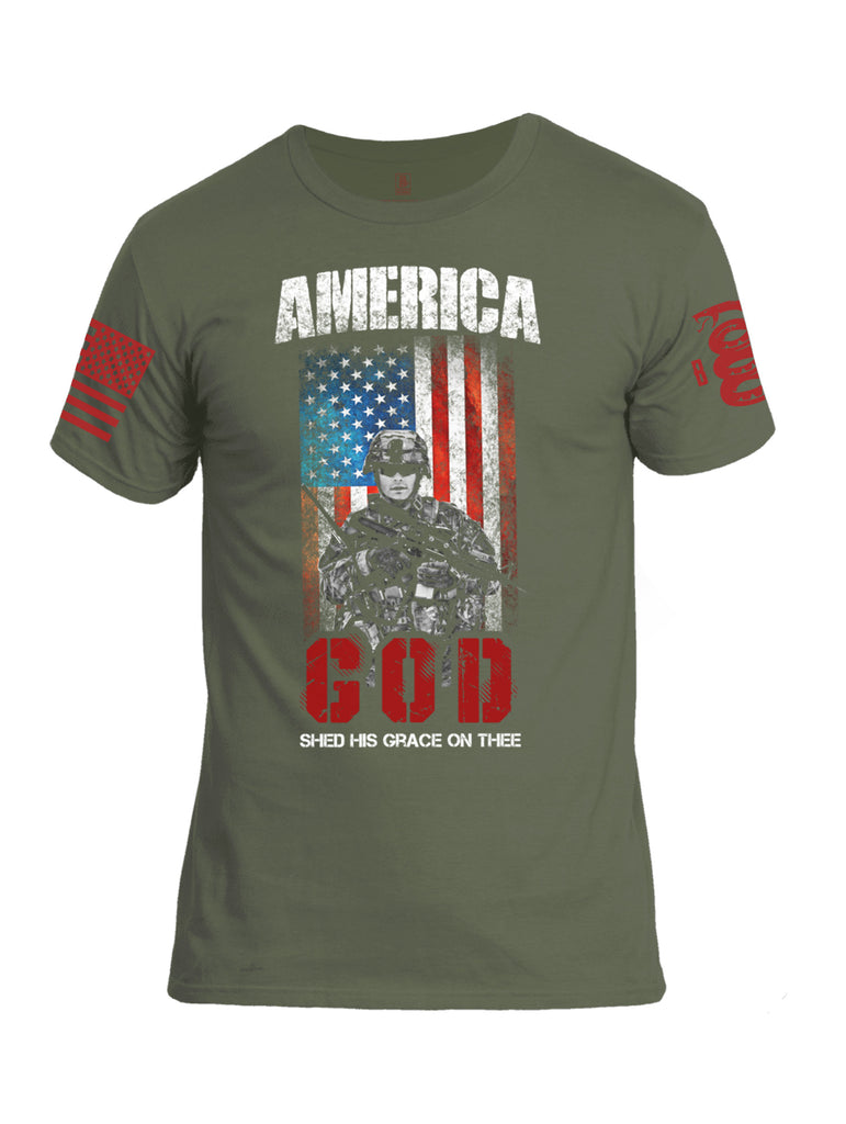 Battleraddle America God Shed His Grace On Thee Red Sleeve Print Mens Cotton Crew Neck T Shirt - Battleraddle® LLC
