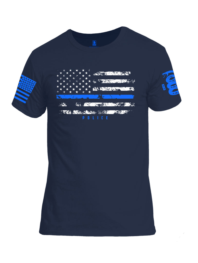 Battleraddle American Flag Blue Line Police Blue Sleeve Print Mens Cotton Crew Neck T Shirt - Battleraddle® LLC