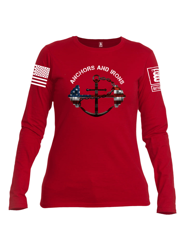 Battleraddle Anchors and Irons White Sleeve Print Womens Cotton Long Sleeve Crew Neck T Shirt