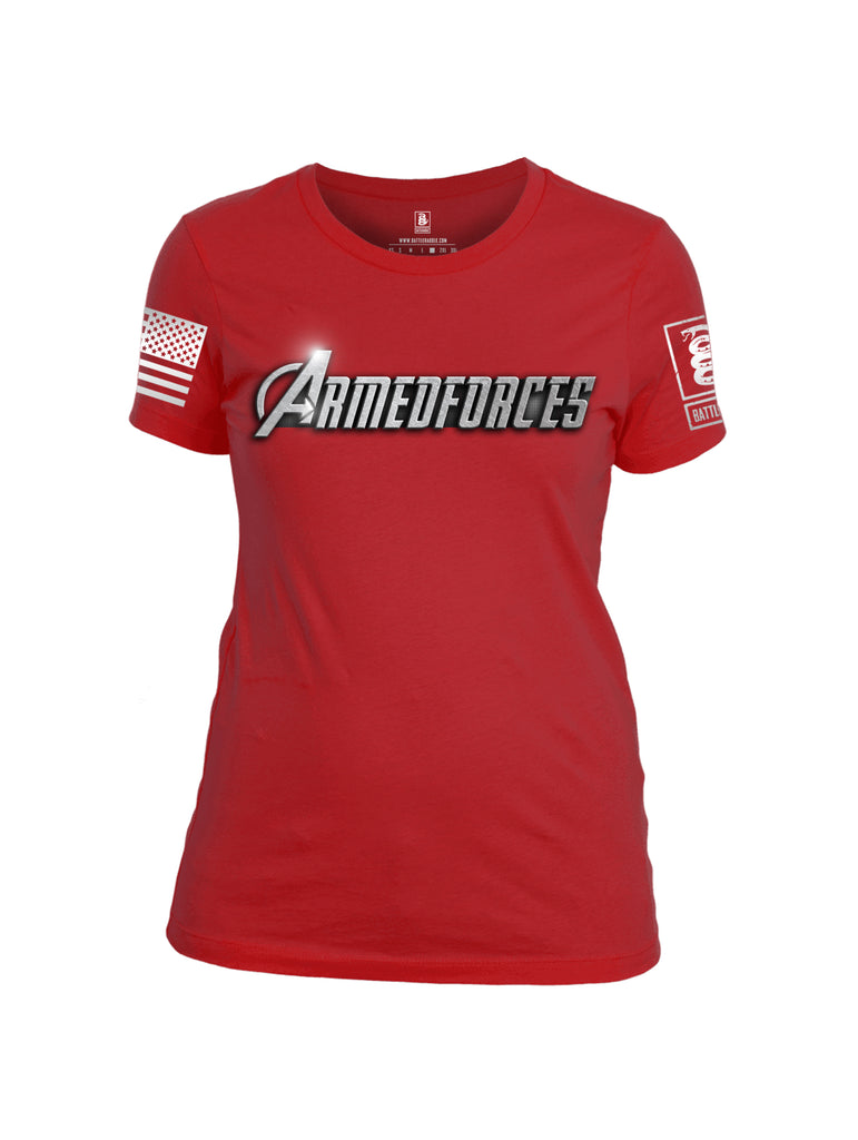 Battleraddle Avenger Armed Forces Superhero Tribute White Sleeve Print Womens Cotton Crew Neck T Shirt - Battleraddle® LLC
