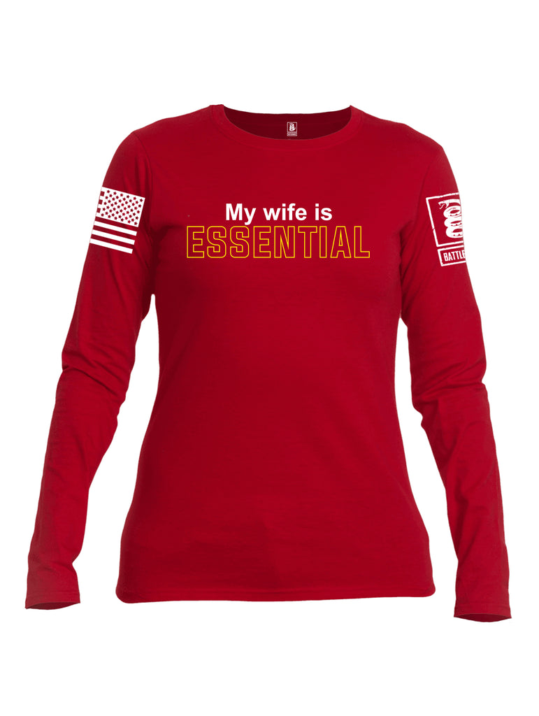 Battleraddle My Wife Is Essential {sleeve_color} Sleeves Women Cotton Crew Neck Long Sleeve T Shirt