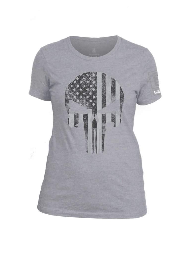 Battleraddle Punisher Skull Black And Grey Flag Grey Sleeves Women Cotton Crew Neck T-Shirt