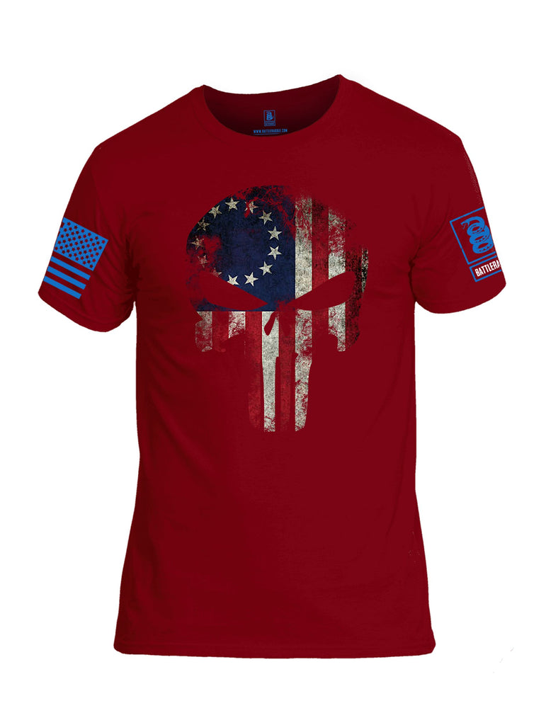 Battleraddle Patriot Skull Usa Flag Mid Blue Sleeves Men Cotton Crew Neck T-Shirt