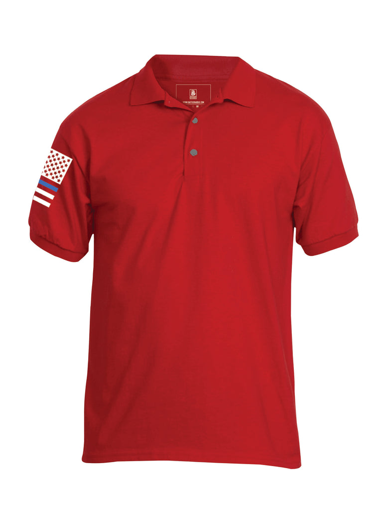 Battleraddle Basic Line Blue Line Flag Right Sleeve Mens Cotton Jersey Polo T Shirt - Battleraddle® LLC