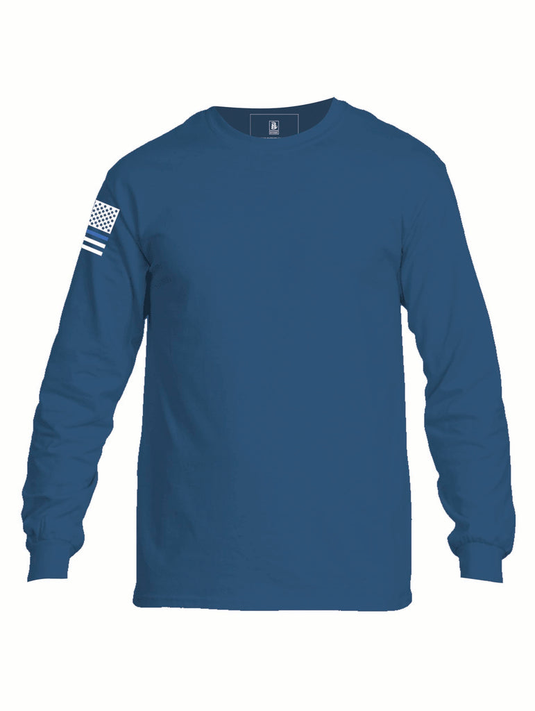 Battleraddle Basic Line Blue Line Flag Right Sleeve Mens Cotton Long Sleeve Crew Neck T Shirt - Battleraddle® LLC