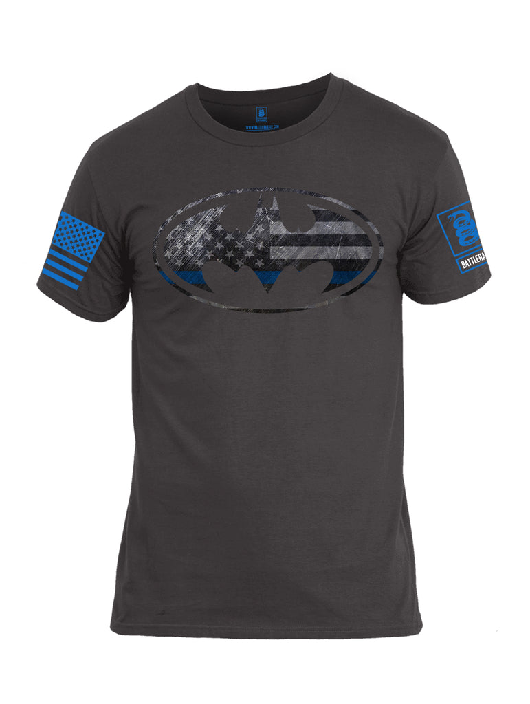 Battleraddle Bat Police Hero Blue Line USA Flag Blue Sleeve Print Mens Cotton Crew Neck T Shirt
