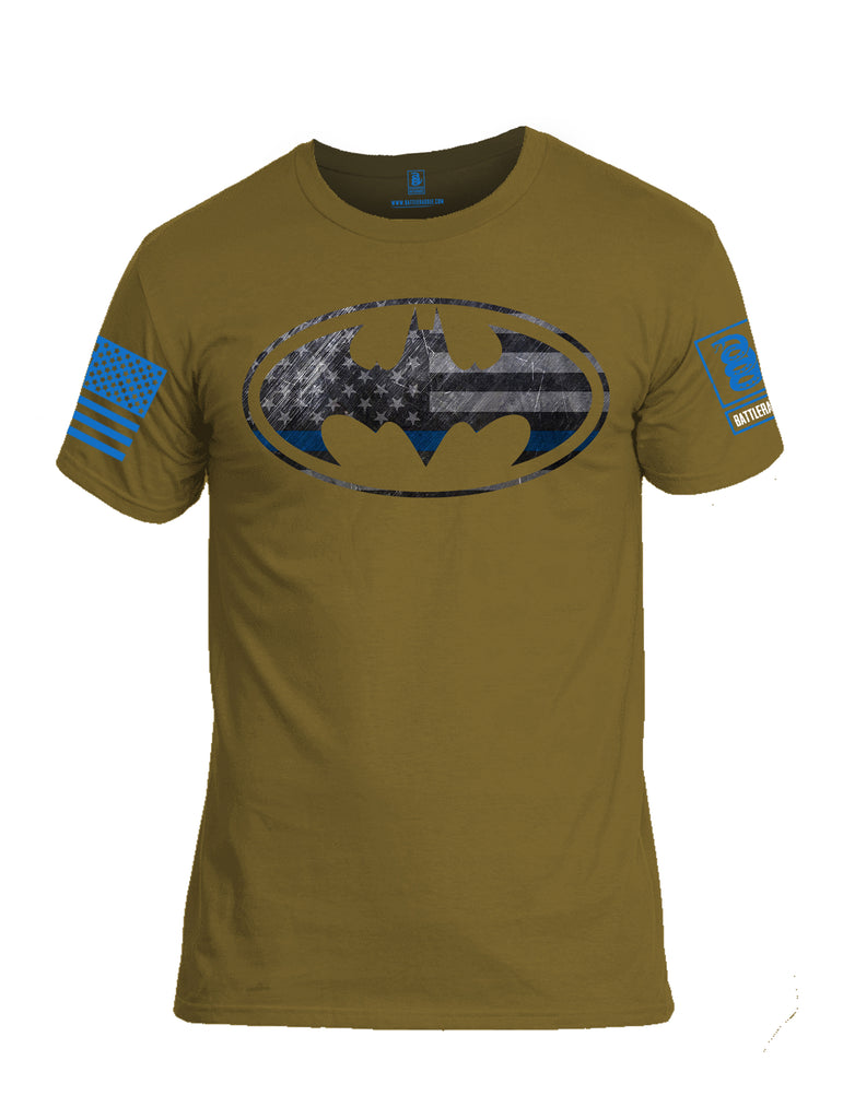 Battleraddle Bat Police Hero Blue Line USA Flag Blue Sleeve Print Mens Cotton Crew Neck T Shirt