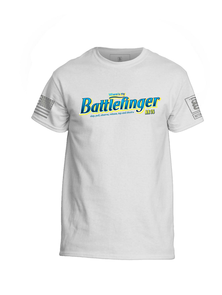 Battleraddle Where's My Battlefinger AR15 Slap Pull Observe Release Tap and Shoot Mens 100% Battlefit Polyester Crew Neck T Shirt