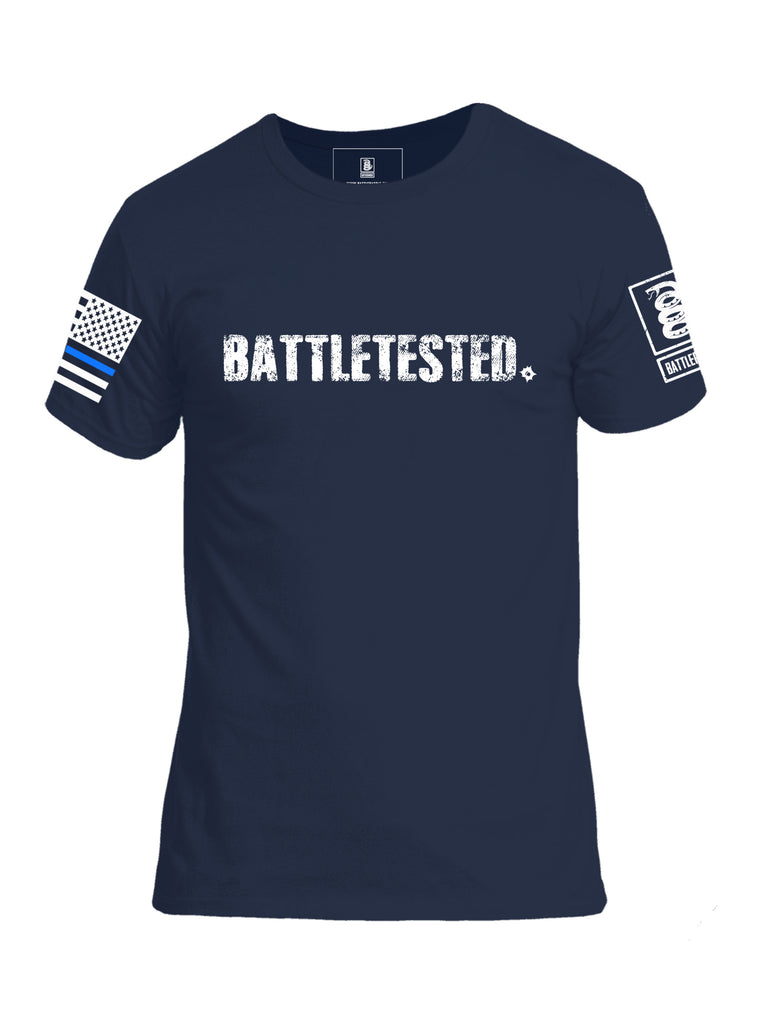 Battleraddle Battletested Blue Line White Sleeve Print Sleeve Mens Crew Neck Cotton T Shirt - Battleraddle® LLC