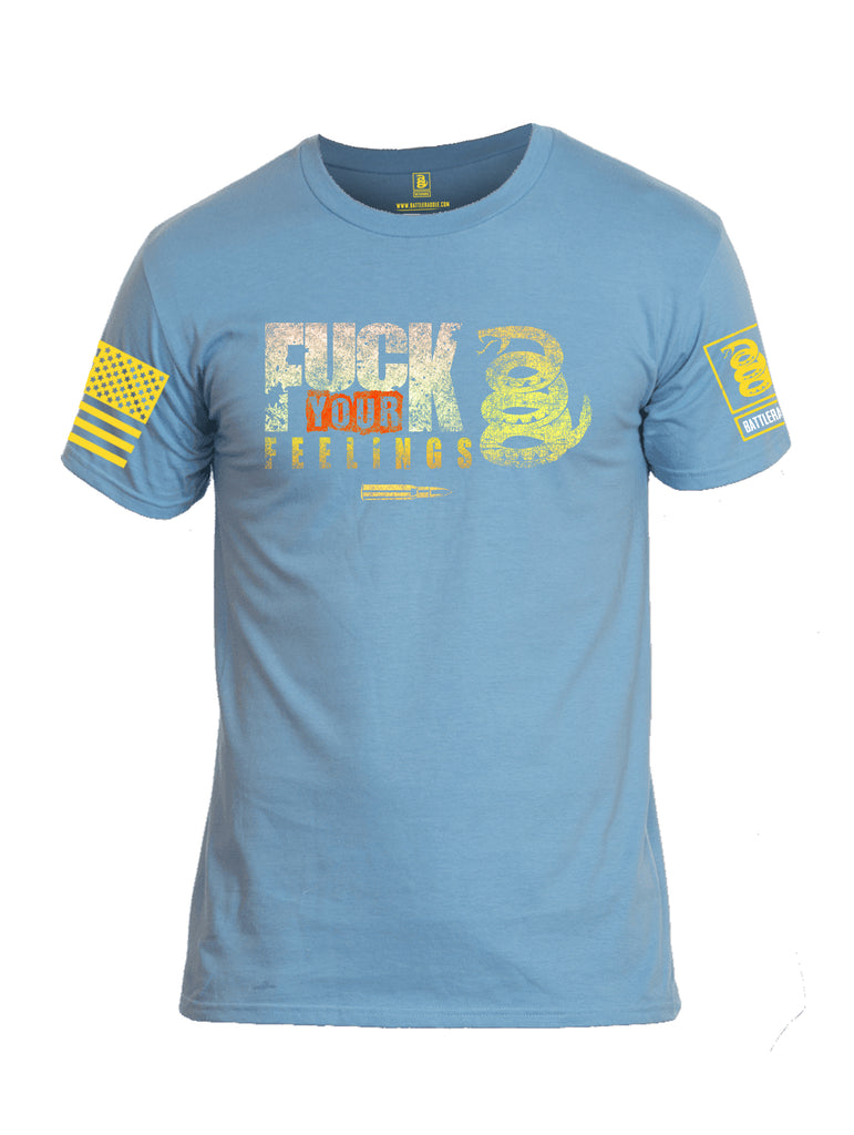 Battleraddle Fuck Your Feelings Yellow Sleeve Print Mens Cotton Crew Neck T Shirt