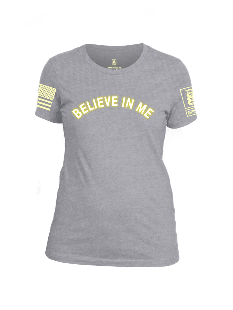 Battleraddle Believe In Me Light Yellow Sleeve Print Womens Cotton Crew Neck T Shirt - Battleraddle® LLC