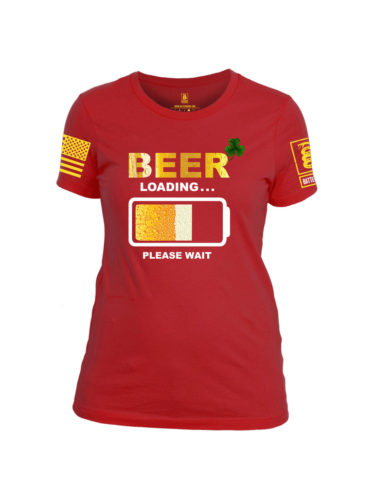 Battleraddle Beer Loading Please Wait Yellow Sleeve Print Womens Cotton Crew Neck T Shirt
