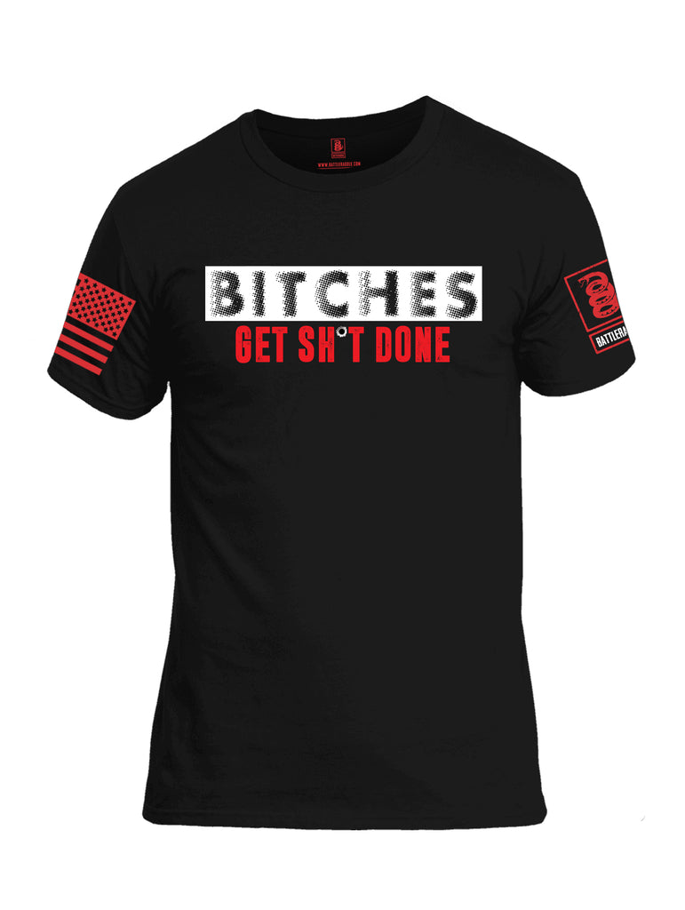 Battleraddle Bitches Get Sh*t Done Red Sleeve Print Mens Cotton Crew Neck T Shirt