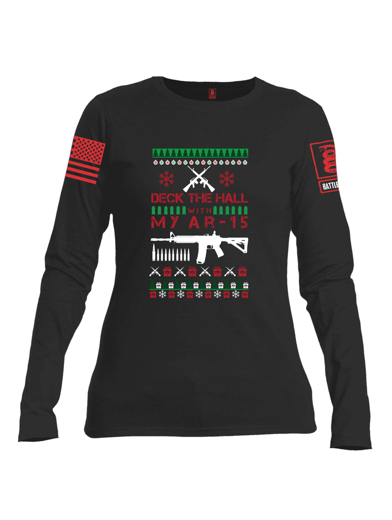Battleraddle Deck The Hall With My AR15 Christmas Holiday Ugly Red Sleeve Print Womens Cotton Long Sleeve Crew Neck T Shirt