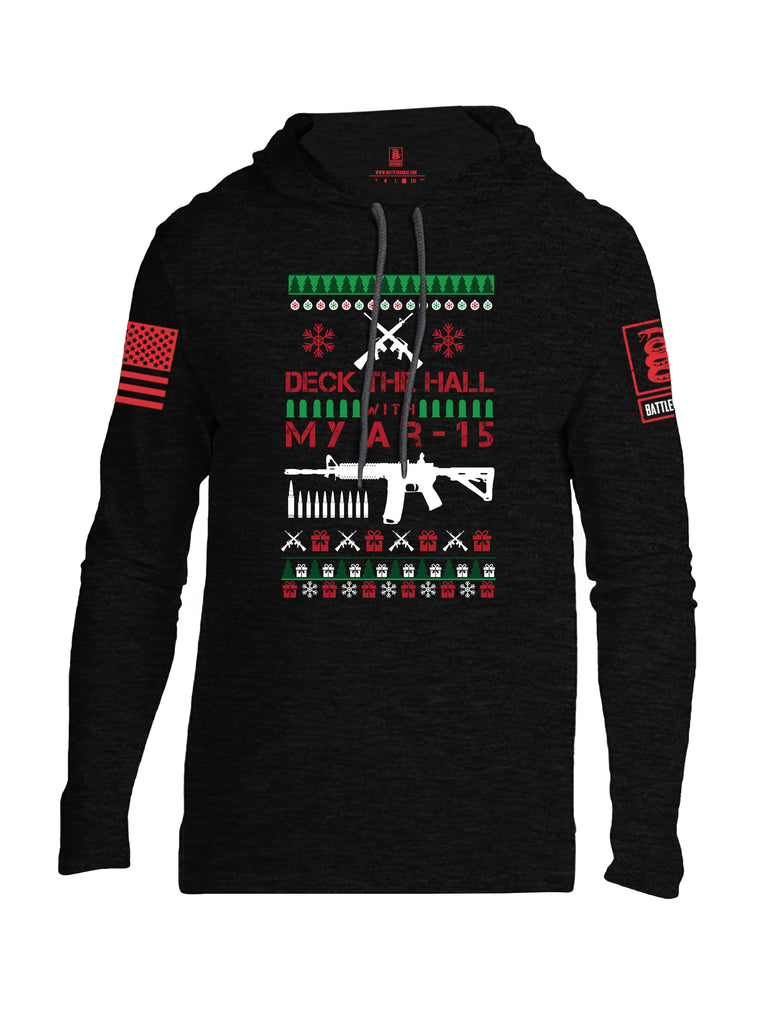 Battleraddle Deck The Hall With My AR15 Christmas Holiday Ugly Red Sleeve Print Mens Thin Cotton Lightweight Hoodie