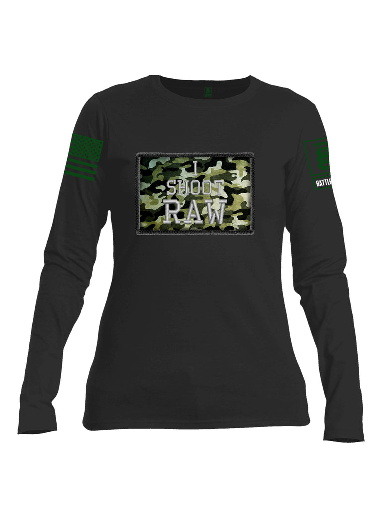 Battleraddle I Shoot Raw Green Sleeve Print Womens Cotton Long Sleeve Crew Neck T Shirt