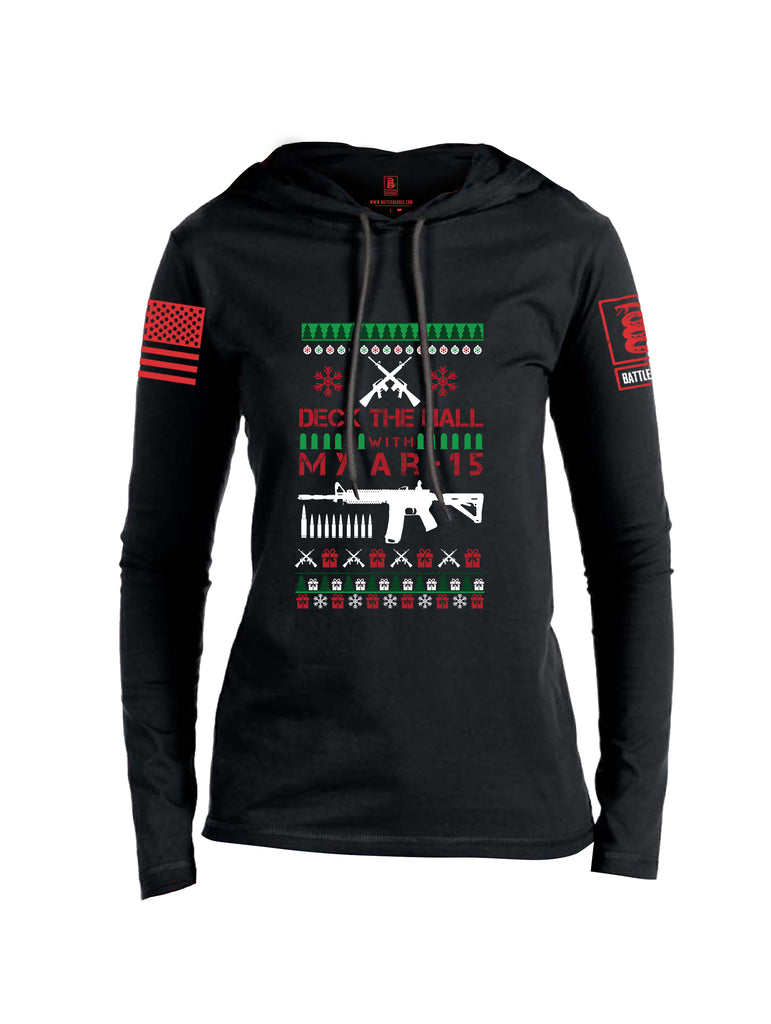 Battleraddle Deck The Hall With My AR15 Christmas Holiday Ugly Red Sleeve Print Womens Thin Cotton Lightweight Hoodie