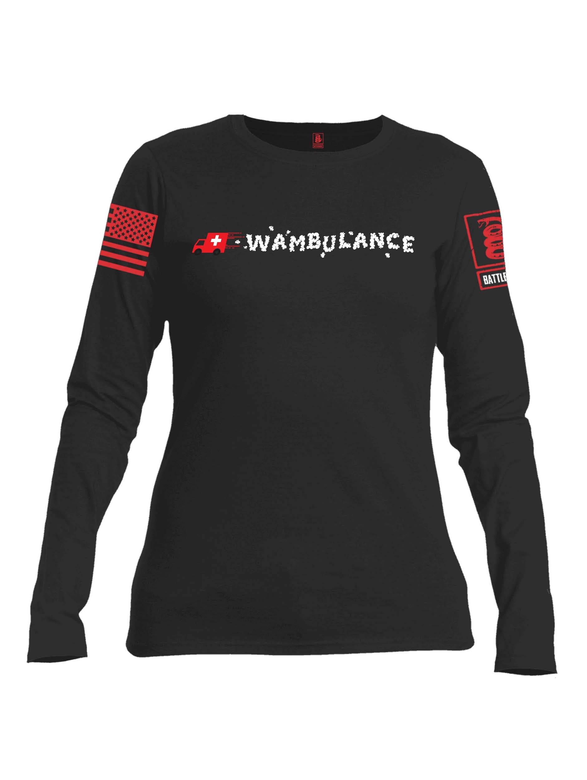 Battleraddle Wambulance Red Sleeve Print Womens Cotton Long Sleeve Crew Neck T Shirt