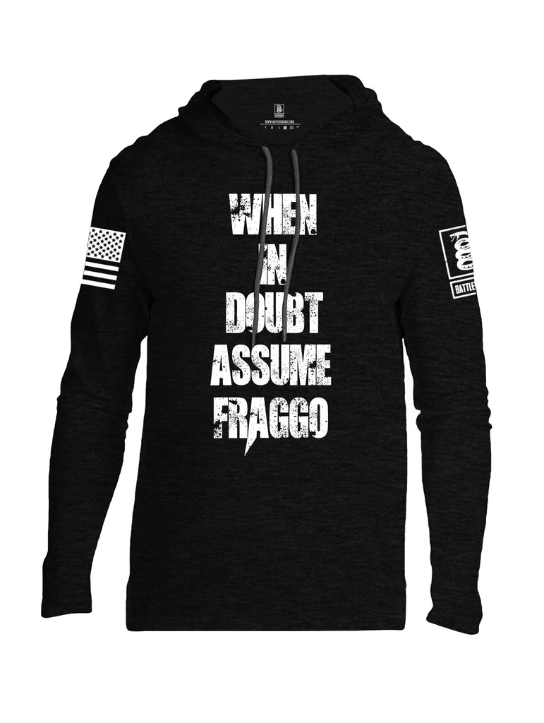 Battleraddle When In Doubt Assume Fraggo White Sleeve Print Mens Thin Cotton Lightweight Hoodie