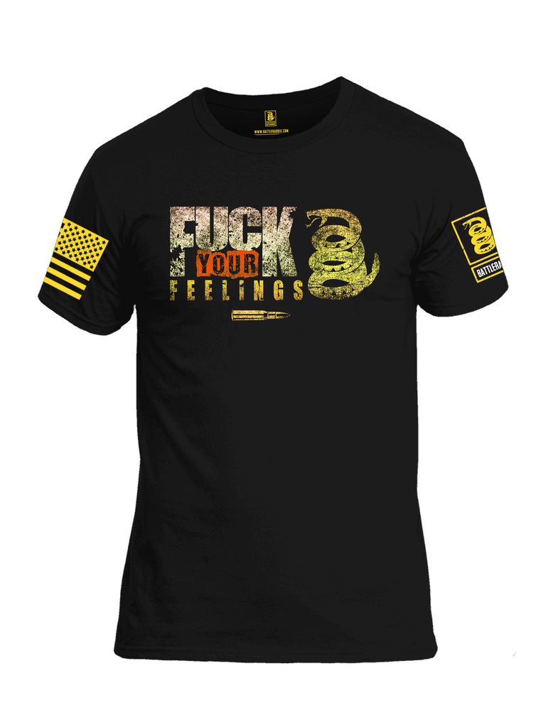 Battleraddle Fuck Your Feelings Yellow Sleeve Print Mens Cotton Crew Neck T Shirt