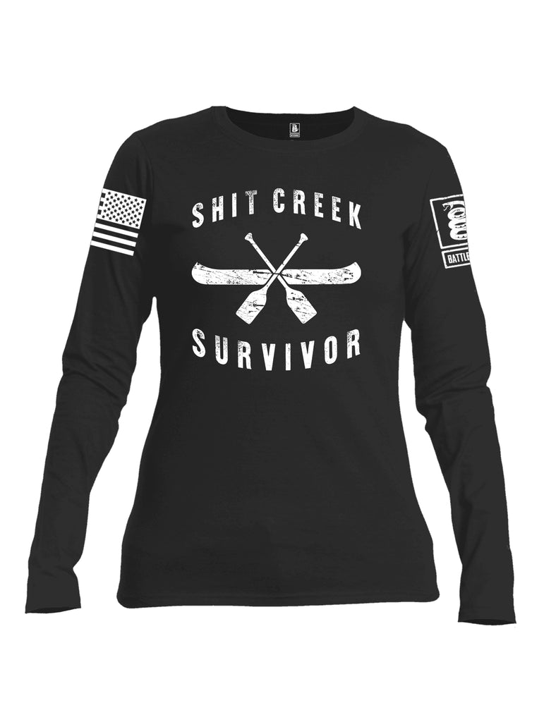 Battleraddle Shit Creek Survivor White Sleeve Print Womens Cotton Long Sleeve Crew Neck T Shirt