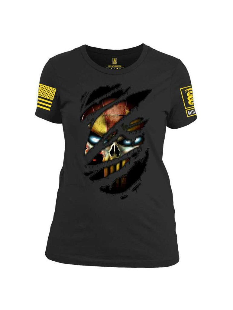 Battleraddle Mr Expounder Iron Skull Ripped Yellow Sleeve Print Womens 100% Battlefit Polyester Crew Neck T Shirt