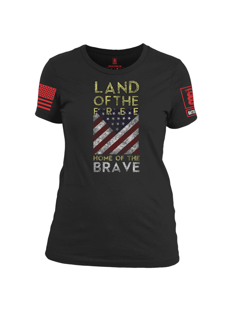 Battleraddle Land Of The Free Home Of The Brave Red Sleeve Print Womens 100% Battlefit Polyester Crew Neck T Shirt