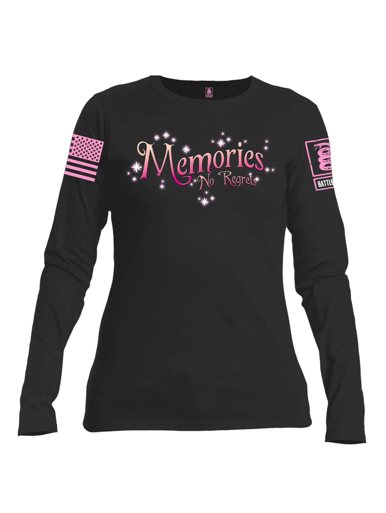 Battleraddle Memories No Regrets Pink Sleeve Print Womens Cotton Long Sleeve Crew Neck T Shirt