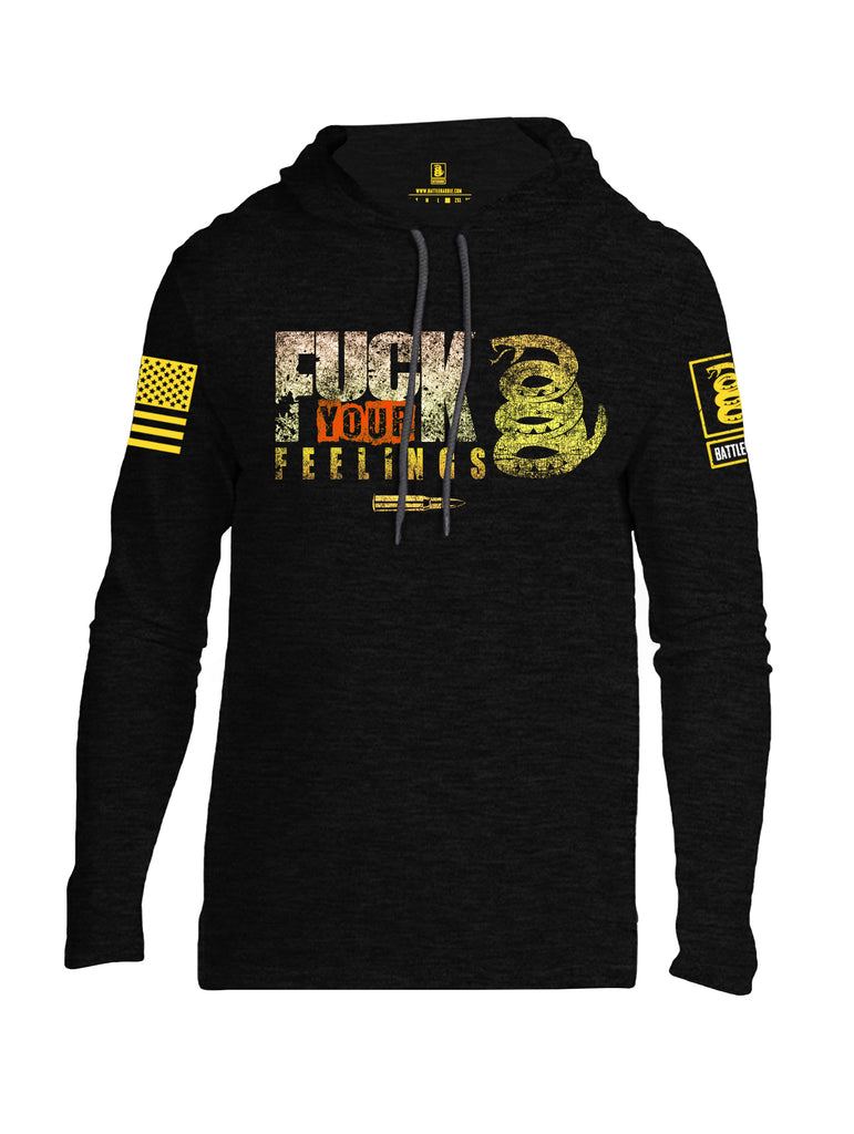 Battleraddle Fuck Your Feelings Yellow Sleeve Print Mens Thin Cotton Lightweight Hoodie