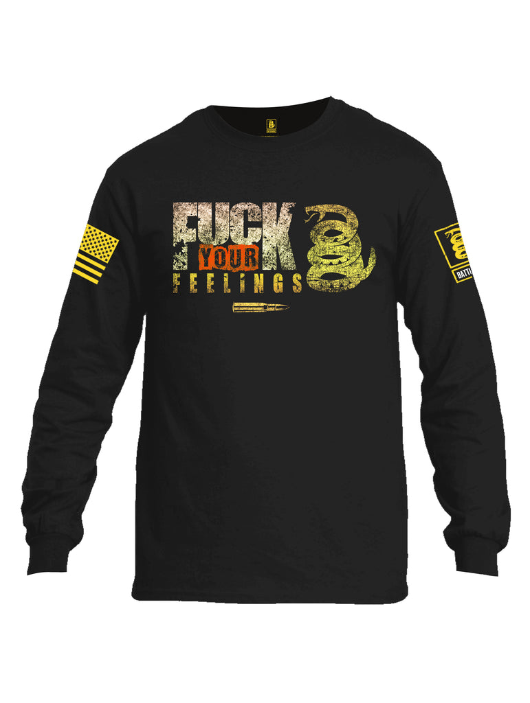 Battleraddle Fuck Your Feelings Yellow Sleeve Print Mens Cotton Long Sleeve Crew Neck T Shirt