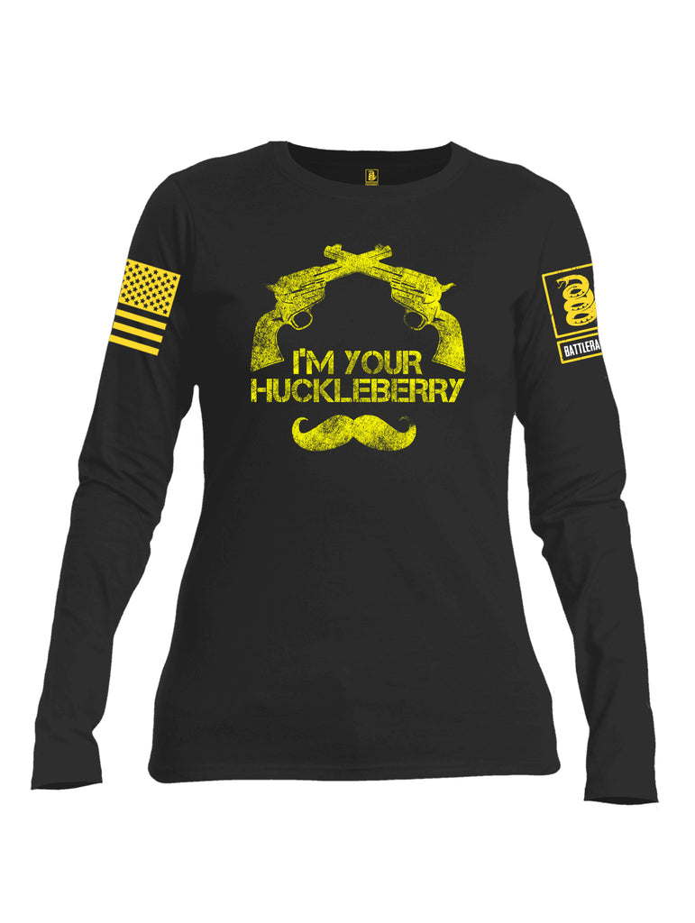 Battleraddle I'm Your Huckleberry Yellow Sleeve Print Womens Cotton Long Sleeve Crew Neck T Shirt