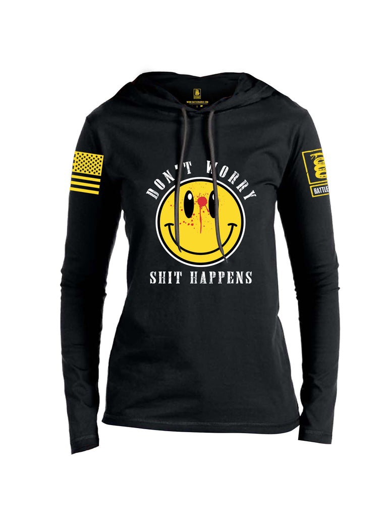 Battleraddle Dont Worry Shit Happens Yellow Sleeve Print Womens Thin Cotton Lightweight Hoodie