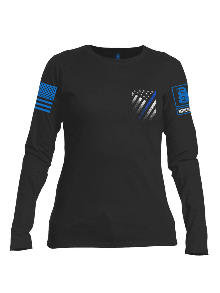 Battleraddle USA Blue Thin Line Series Flag Blue Sleeve Print Womens Cotton Long Sleeve Crew Neck T Shirt shirt|custom|veterans|Women-Long Sleeves Crewneck Shirt