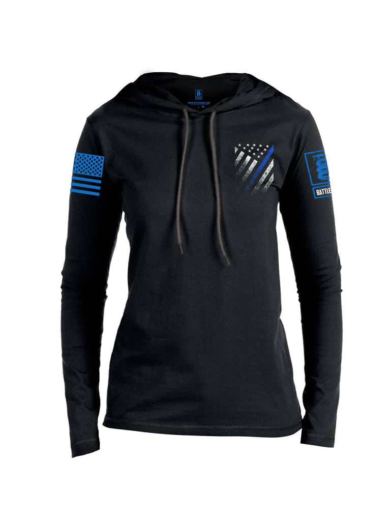 Battleraddle USA Blue Thin Line Series Flag Blue Sleeve Print Womens Thin Cotton Lightweight Hoodie shirt|custom|veterans|Apparel-Womens Hoodie-Cotton