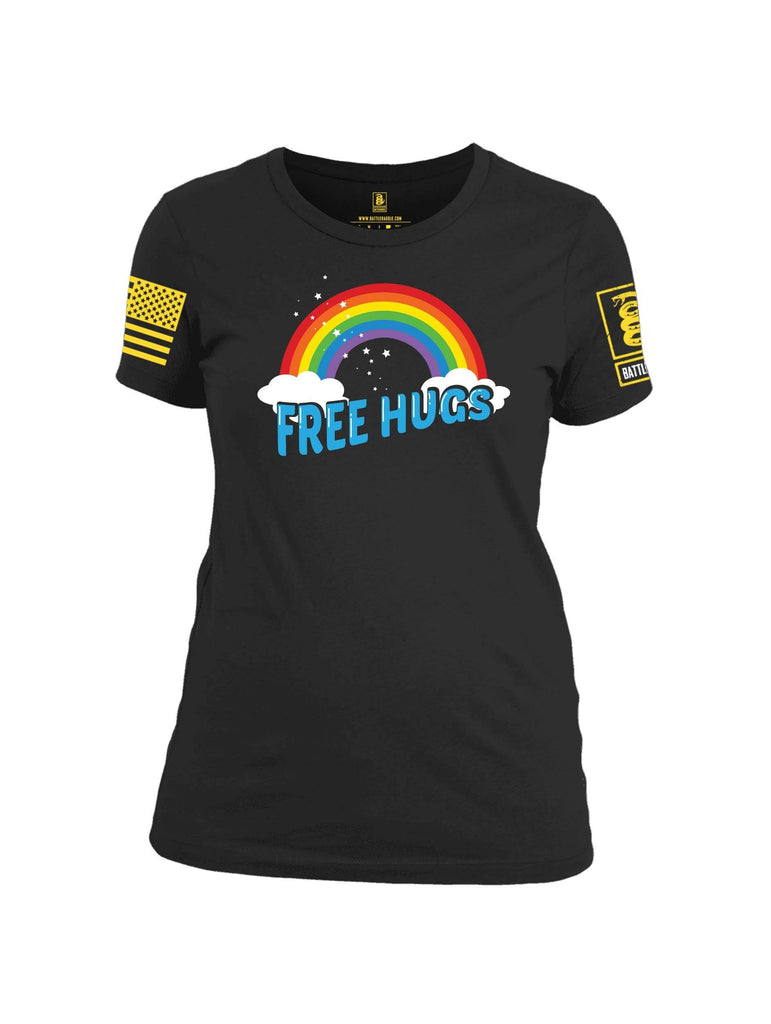 Battleraddle Rainbow Free Hugs Yellow Sleeve Print Womens Cotton Crew Neck T Shirt shirt|custom|veterans|Apparel-Womens T Shirt-cotton